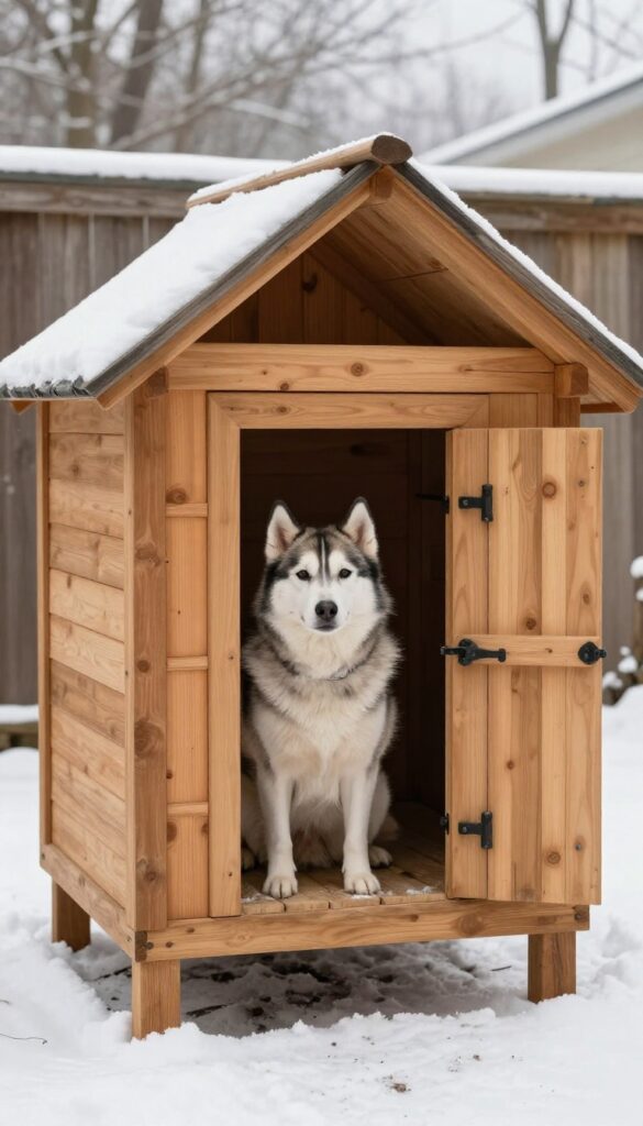 Elevated insulated dog house in snowy backyard with a dog sitting beside it