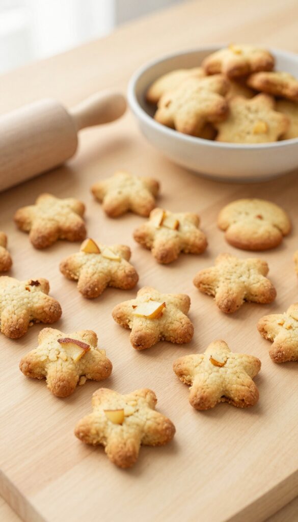 Homemade apple cinnamon dog biscuits on a wooden surface, showing crunchy texture and natural ingredients for a dog treat recipe.