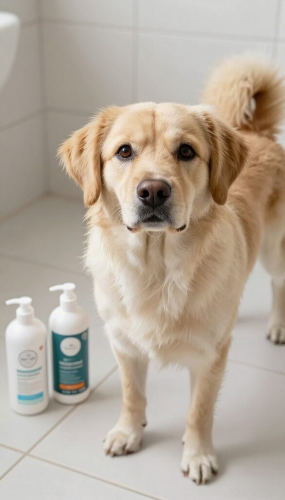 A clean dog with a shiny coat in a bright bathroom, surrounded by dog-safe grooming products, illustrating the importance of choosing proper shampoos and conditioners for pet care.