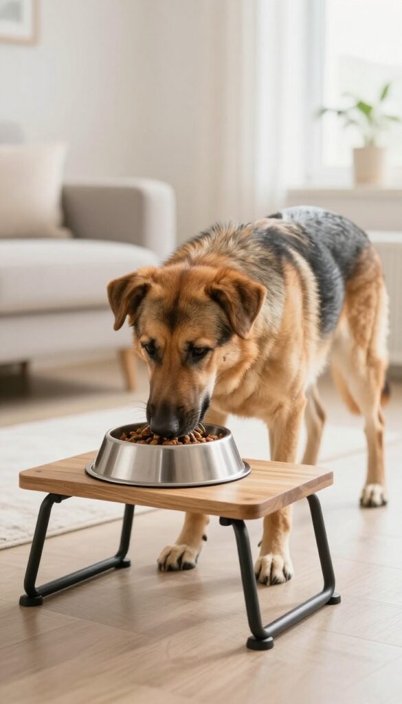 A large dog using an elevated bowl stand for comfortable feeding in a bright, tidy home environment.