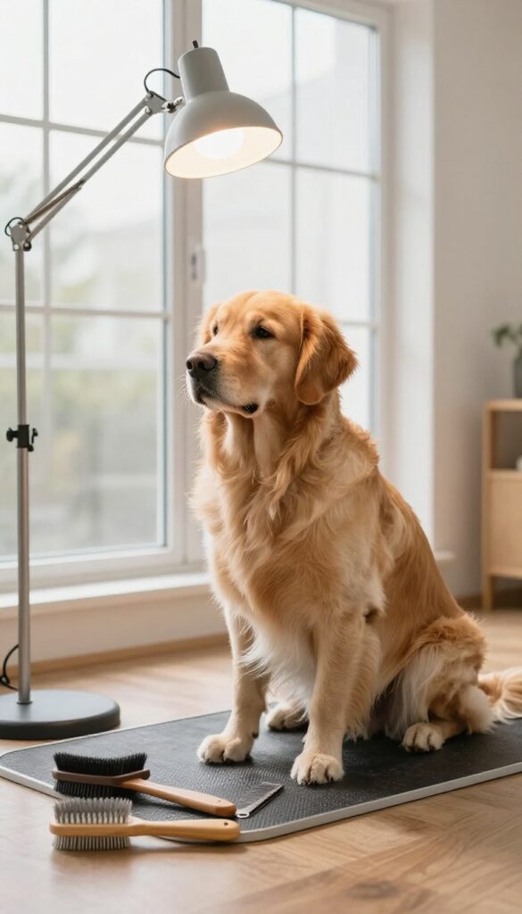 A photorealistic image of a dog grooming session in a bright home environment, showcasing adjustable lighting from a window and a flexible lamp to illuminate the dog's coat for detailed care.