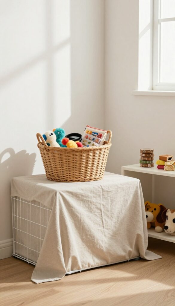 Dog crate corner with storage basket on top, tidy and bright living room setting