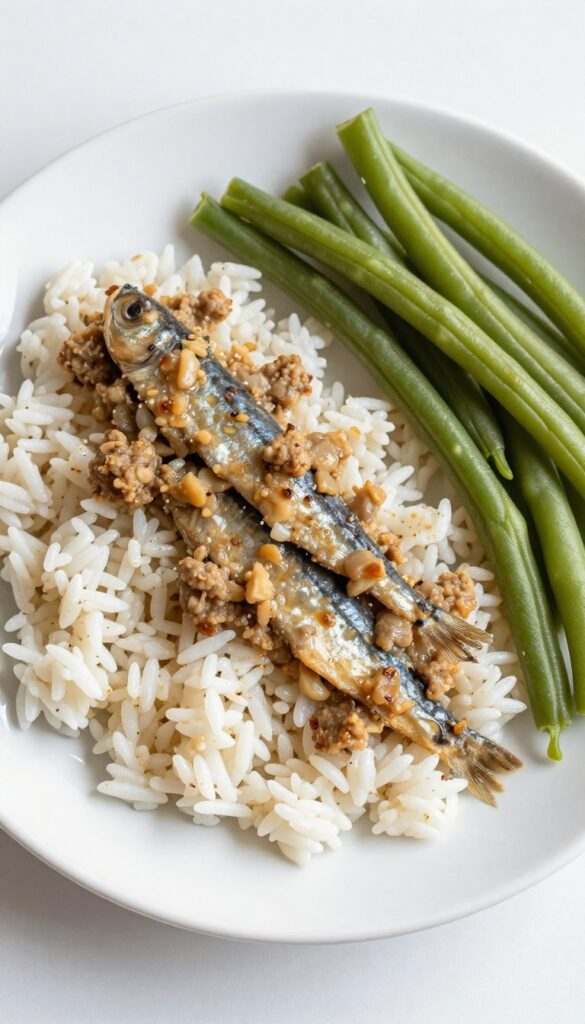 A homemade dog food recipe with mashed sardines, white rice, and green beans on a plain plate, showcasing a nutritious and energy-boosting meal for dogs in a clean, natural setting.