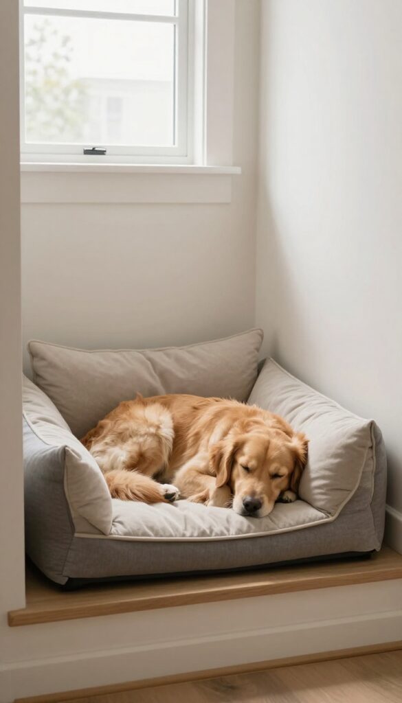 A golden retriever resting in a custom built-in dog bed nook under the stairs, with soft pillows and warm lighting.