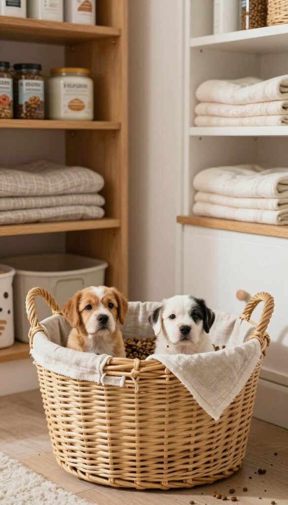 A woven decorative basket filled with dog food kibble in a bright pantry corner with wooden shelves and textiles.