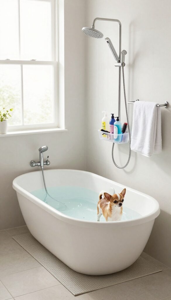 A small dog grooming setup in a bright bathroom, featuring a Chihuahua in a tub with grooming supplies organized on a caddy and towels nearby.