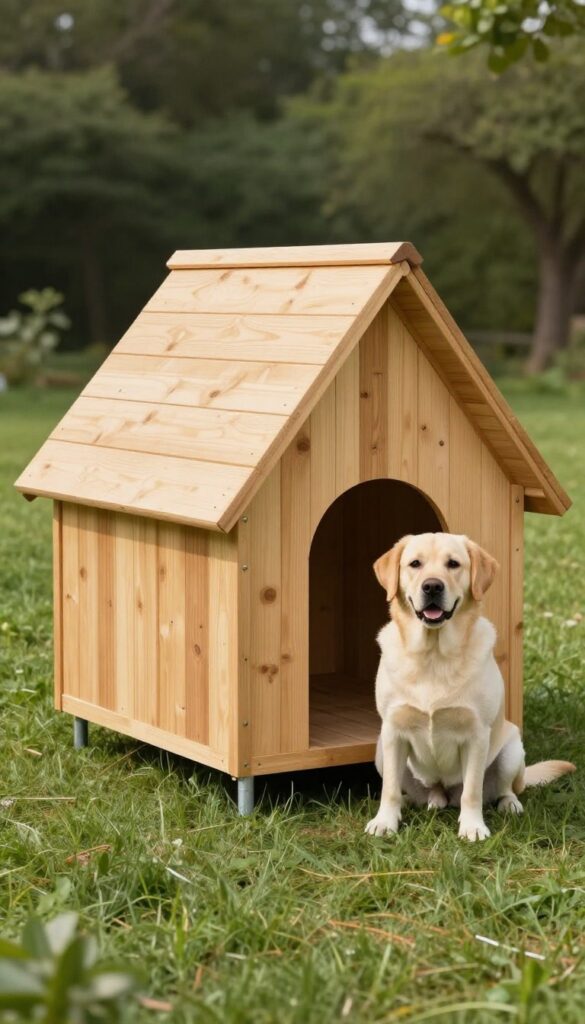 Anchored A-frame dog house with steep roof and ground anchors in a sunny yard, with a Labrador retriever beside it.