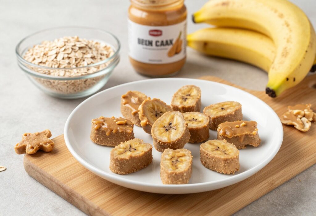 Homemade peanut butter banana soft bites for dogs, arranged on a white plate with oat flour and ingredients, showcasing nutritious dog treat recipes in a bright, clean setting.