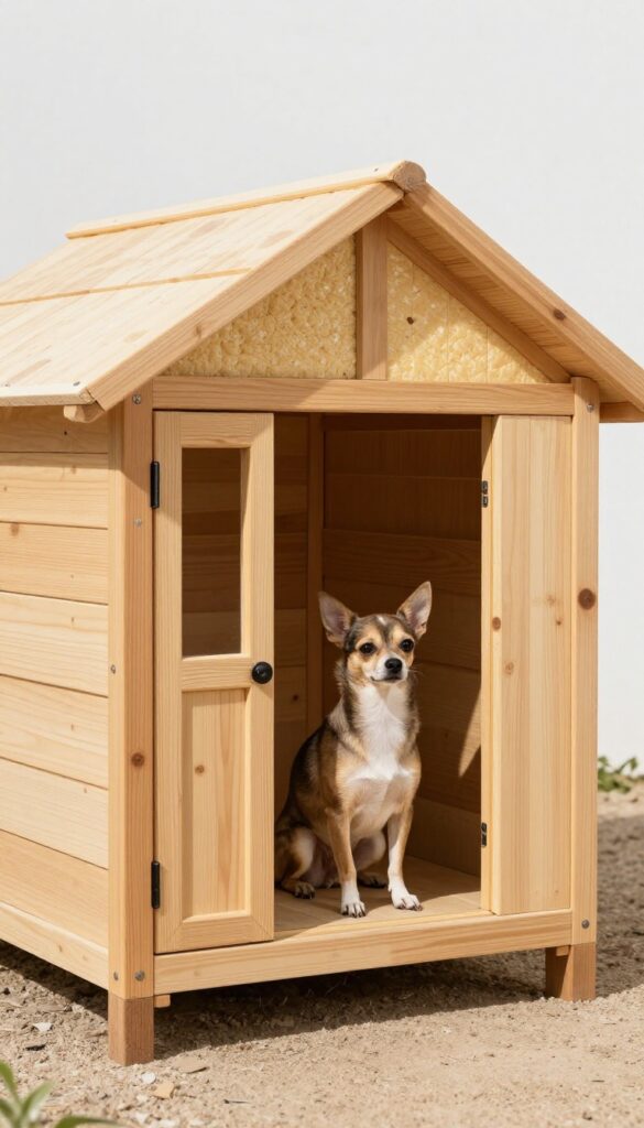 Insulated dog cabin with raised floor and foam board insulation in a sunny backyard
