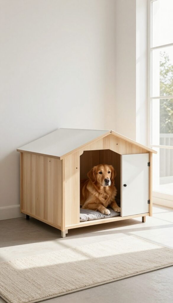 Modern minimalist dog house with clean lines and neutral colors in a bright living room
