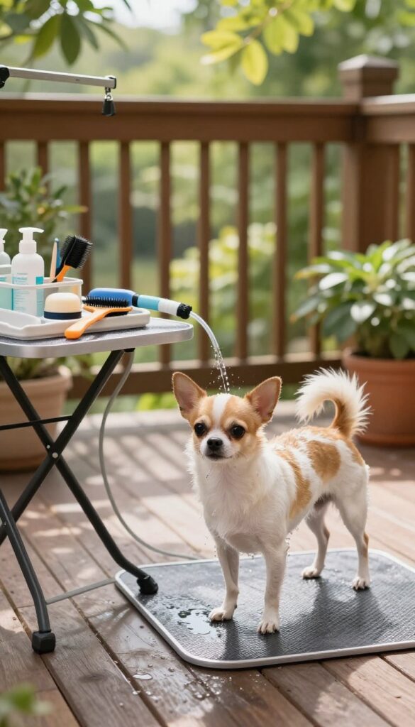 A small dog being groomed outdoors on a portable table with natural light and grooming supplies.