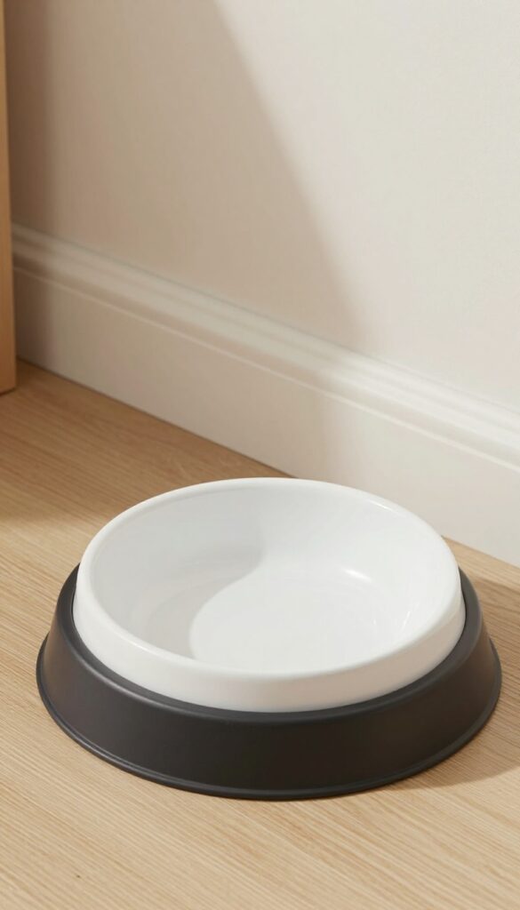 A round pedestal dog feeder with non-slip base and enamel bowls in a mid-century modern setting.