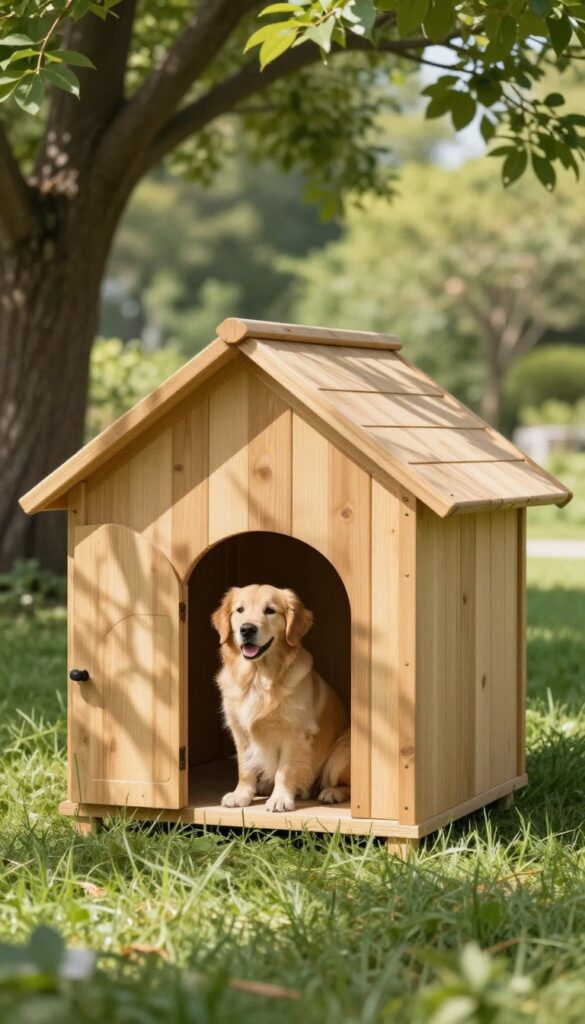 Insulated dog house in backyard with Golden Retriever