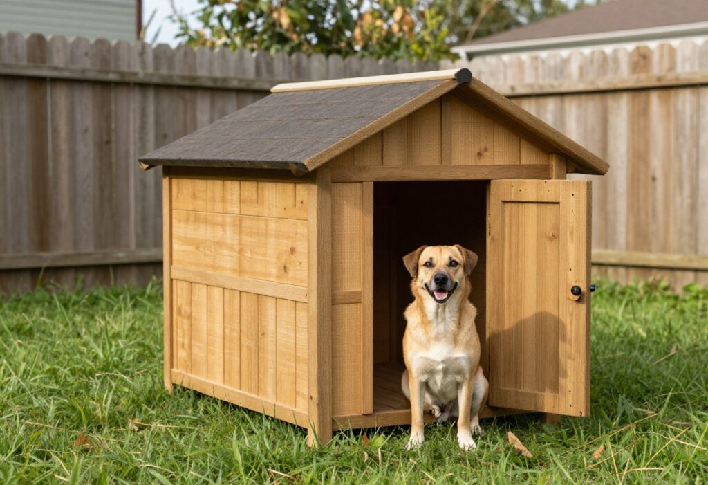 Sturdy wooden dog house in backyard with a dog sitting beside it