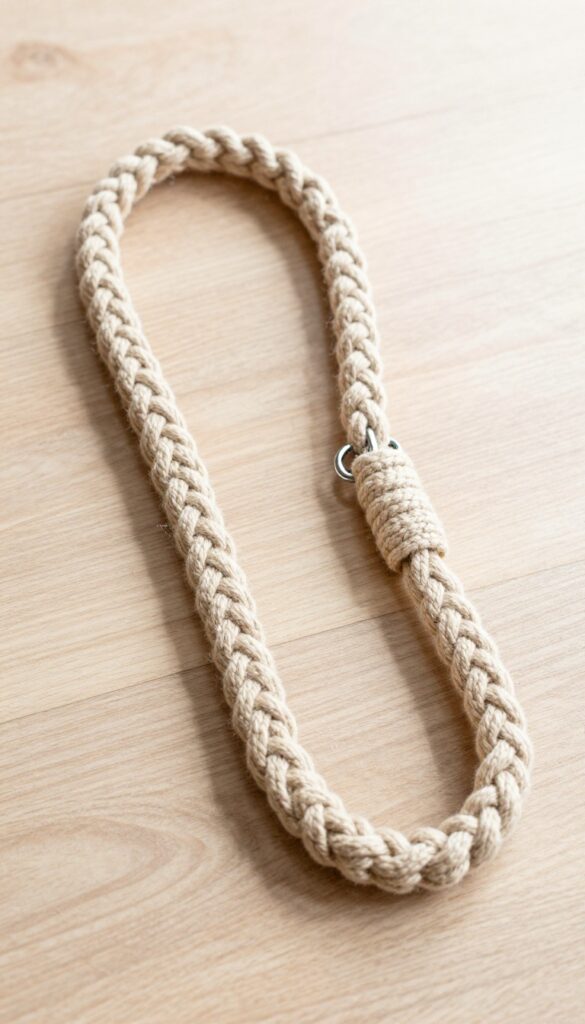 A coiled macramé dog leash with detailed knot patterns, resting on a wooden floor in natural light, highlighting its handcrafted texture and durability for dog owners.