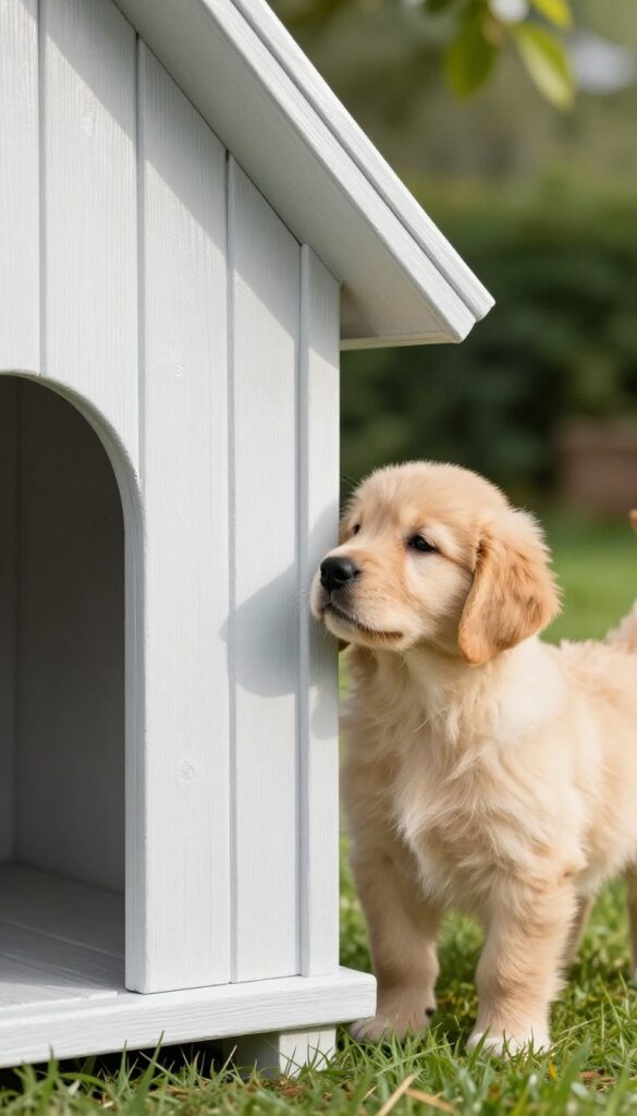 Freshly painted dog house corner with non-toxic mold-resistant paint, golden retriever puppy sniffing the wall in sunny garden