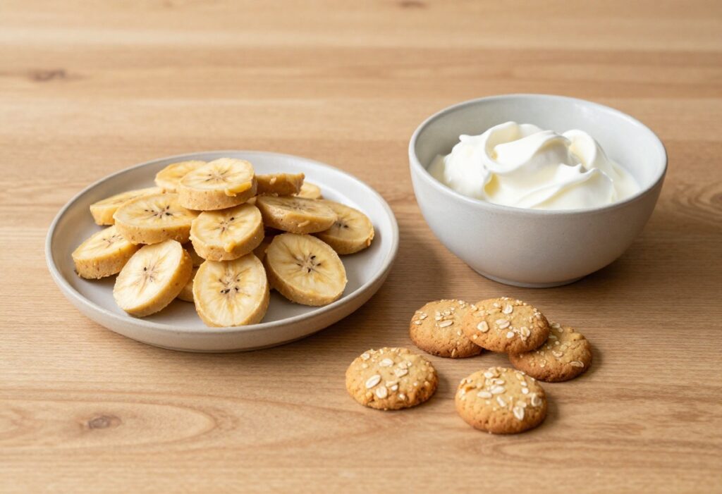 A selection of homemade dog treats including soft peanut butter banana bites, crunchy oat biscuits, and frozen yogurt bites, displayed on a plain wooden table with natural lighting, representing easy recipes with common ingredients for a dog treat blog.
