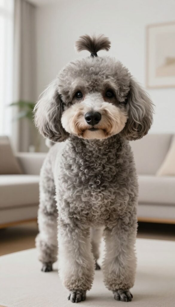 A Standard Poodle with a traditional topknot grooming style in a bright, clean living space, illustrating breed-specific grooming for a dog blog listicle.