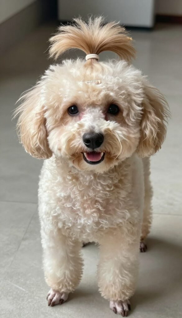 A poodle with a topknot and ponytail grooming style in natural light, showcasing a playful yet practical look for active dogs.
