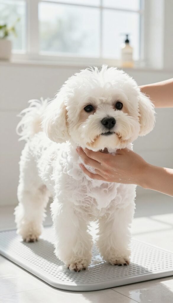 A Maltese dog being bathed with moisturizing shampoo at home to prevent mats, showing gentle grooming in natural light.