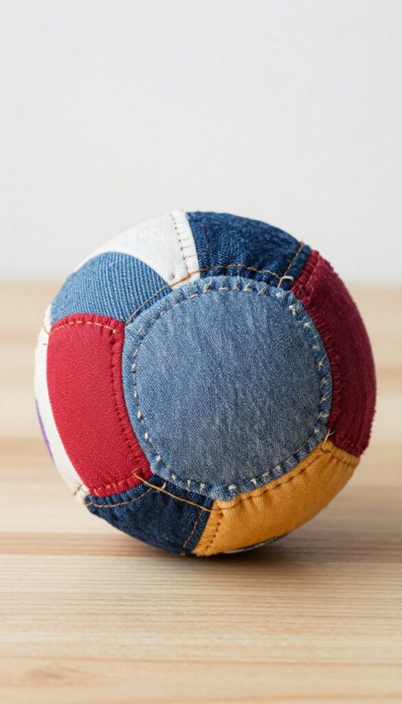Handmade patchwork dog toy crafted from fabric scraps, showcasing layered textures and stitching on a plain wooden background.