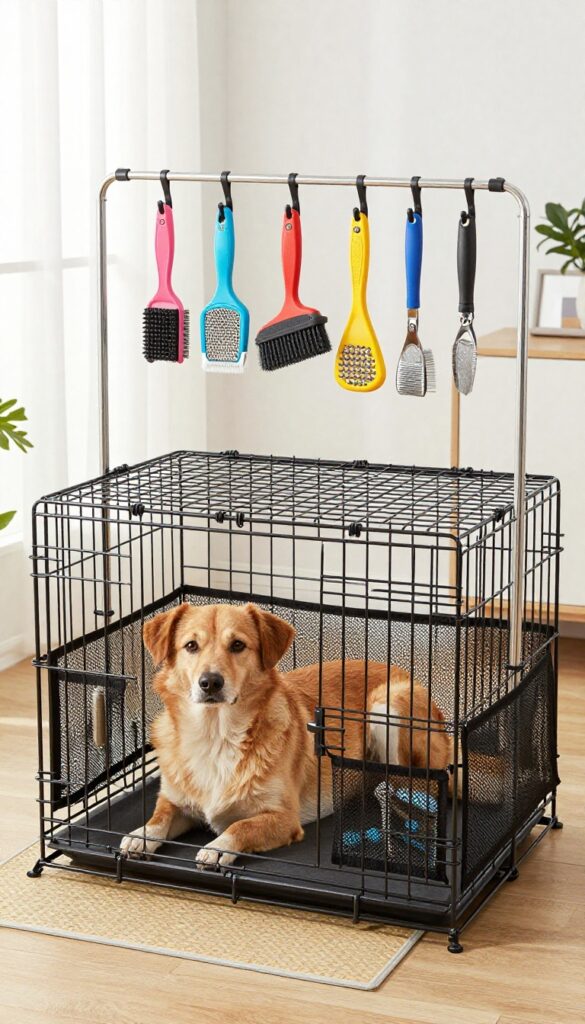 A portable dog crate with grooming attachments set up in a home environment, showing a calm dog inside and tools organized for easy access during grooming.