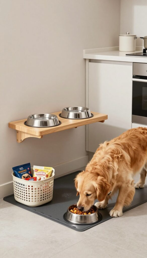 A dog eating from a raised feeding station in a bright kitchen corner with waterproof mat and storage basket