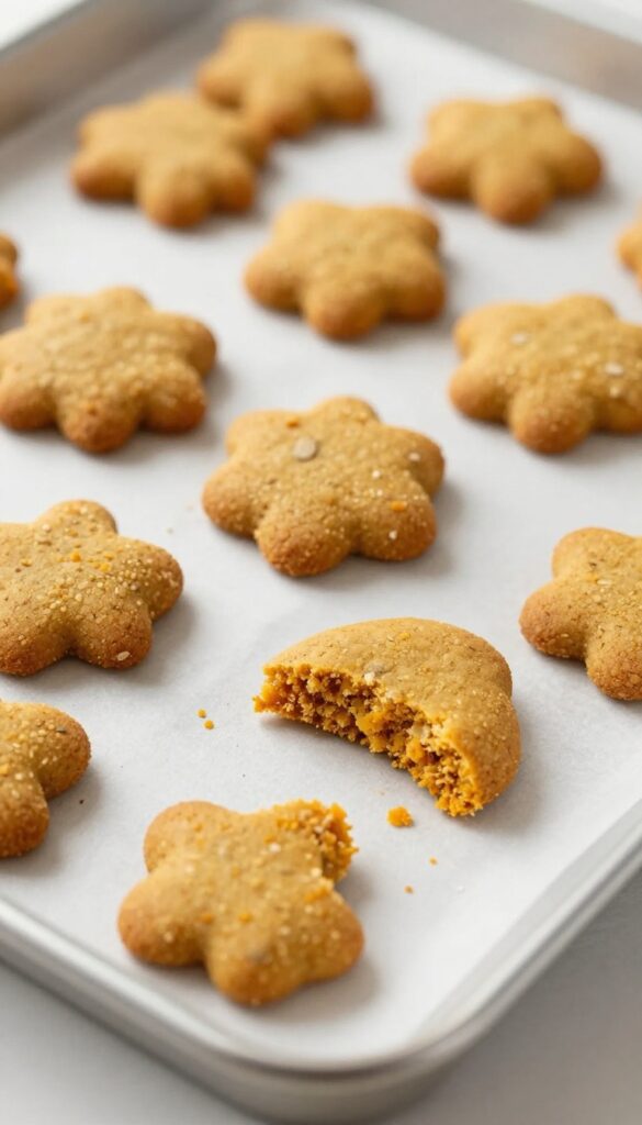 Homemade pumpkin oat soft cookies for dogs, displayed on a baking tray to highlight their soft texture and natural ingredients.