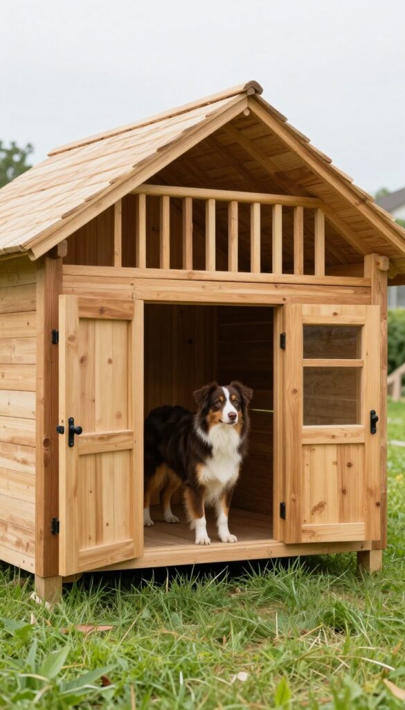 Two-story dog house with balcony porch in backyard with Australian Shepherd on upper level