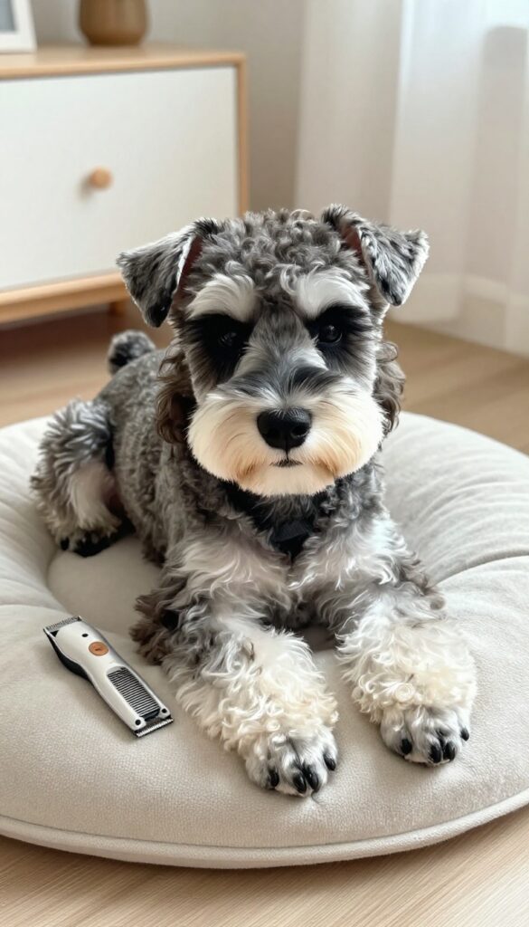 A Schnauzer with a Teddy Bear haircut, looking soft and rounded in natural light, set in a cozy home environment with grooming tools visible.