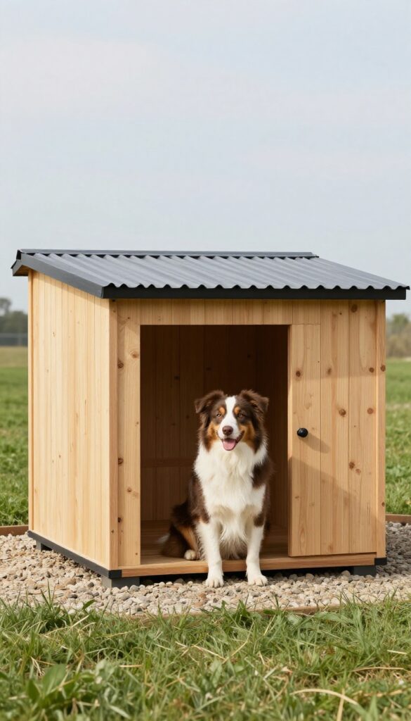 Modern minimalist dog house with cedar siding and flat roof in sunny backyard