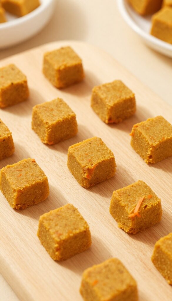 Homemade pumpkin carrot soft treat cubes for dogs, arranged on a plain wooden surface, showcasing their soft texture and natural ingredients under bright natural light.