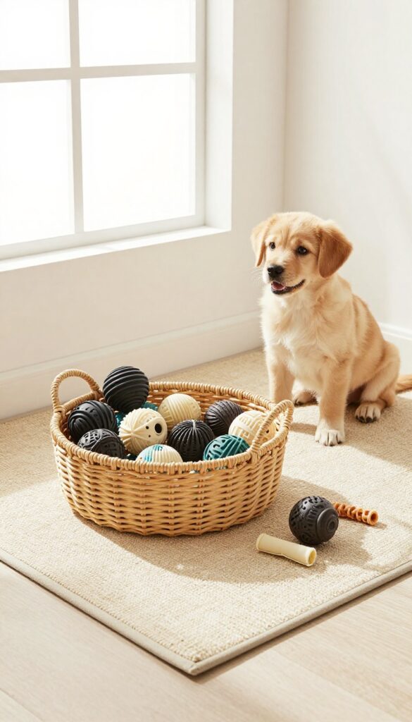 A puppy-friendly zone in a dog grooming salon with toys and treats, designed to create a positive experience for dogs during grooming.