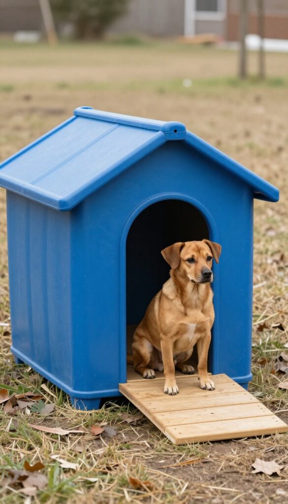 A plastic barrel dog house in a windy yard with a dog sitting by the entrance.