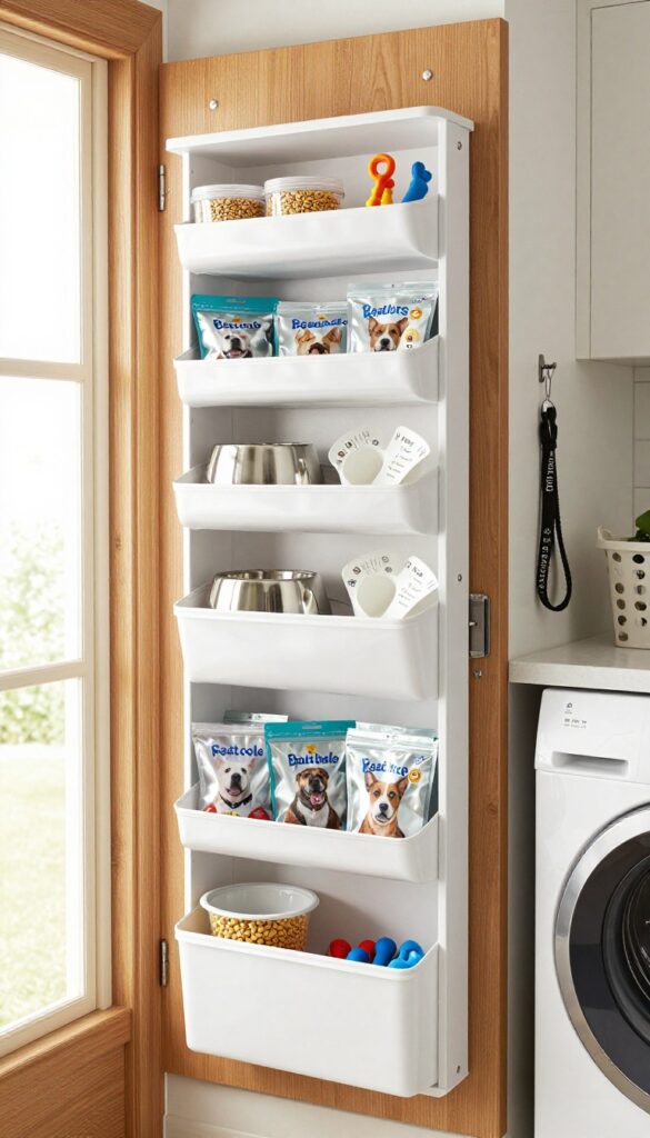 A photorealistic image of an over-the-door organizer on a laundry room door, filled with dog treats, bowls, and supplies in clear pockets, showcasing smart storage for small homes without using floor space.