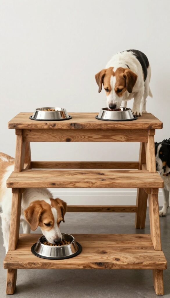 A rustic dual-level wooden feeding table for multiple dogs in a bright room, with two dogs eating calmly from separate bowls to avoid squabbles and keep mealtime tidy.