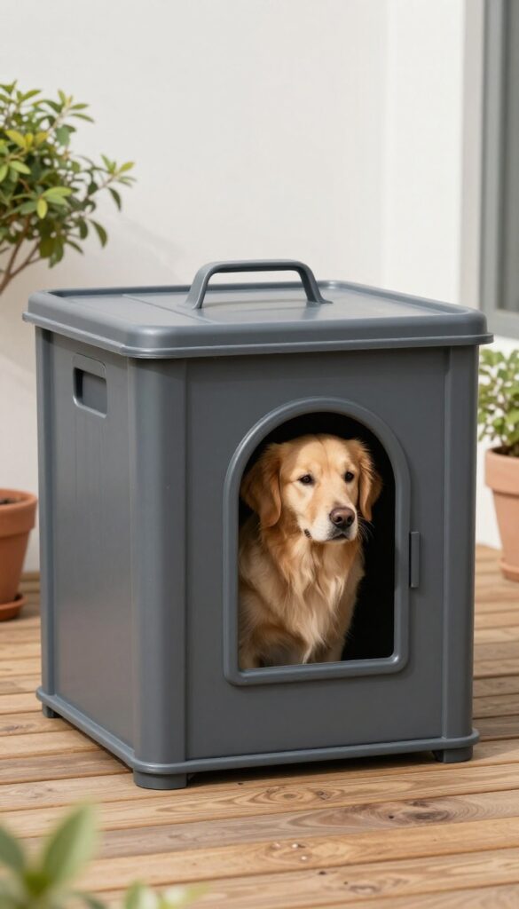 Plastic deck box dog den with arched door cutout on a sunny patio