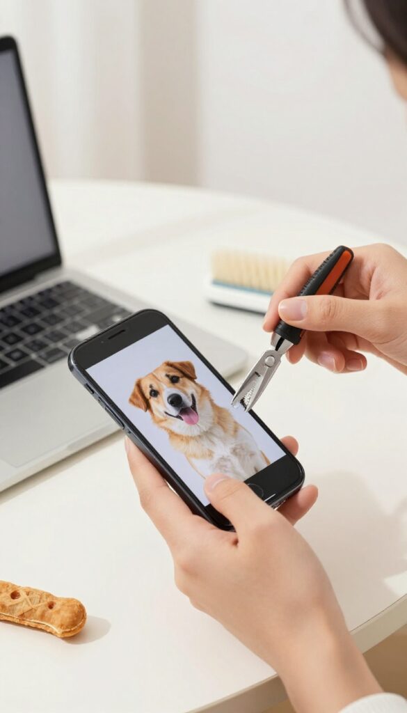 A person conducting a virtual dog grooming consultation via video call, demonstrating techniques with tools in a bright, clean setting.