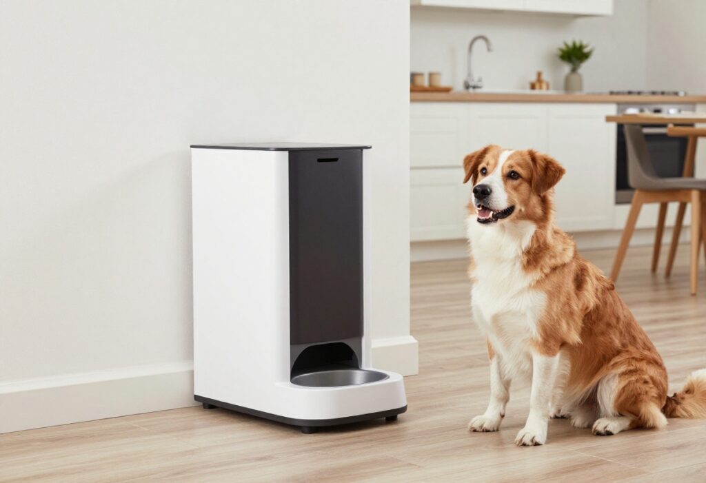 Modern dog feeding station with hidden storage in a tidy home, showing a happy dog nearby in a well-lit setting.