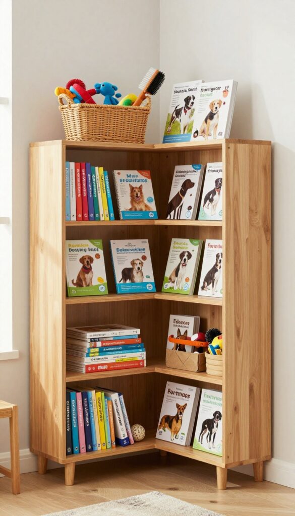 A corner shelf unit organizing dog books and gear in a stylish home setting