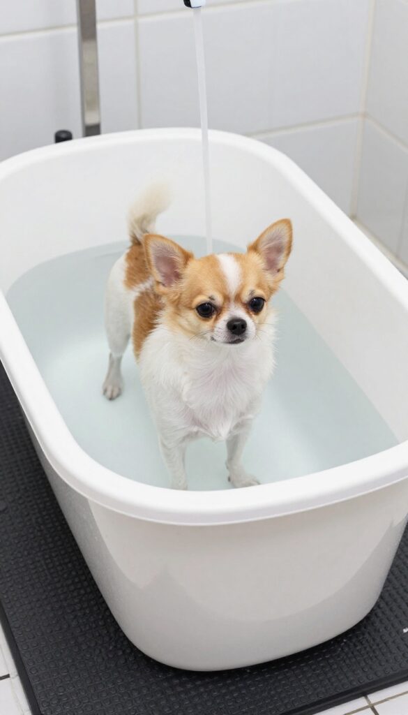 A small dog being bathed in a repurposed plastic storage bin with a foam pad and gentle water circulation, set in a bright bathroom for easy grooming.