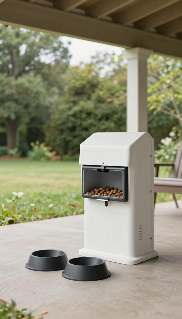 Outdoor patio feeder with weather-resistant lockbox for dog food storage under a covered area