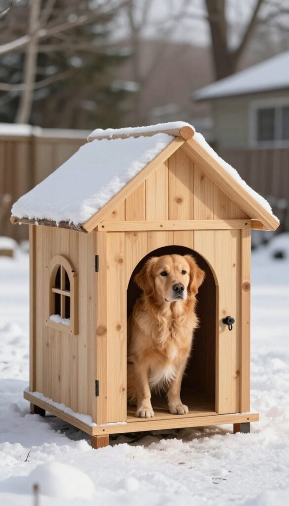 Insulated dog house in snowy backyard with dog peeking out of flap door