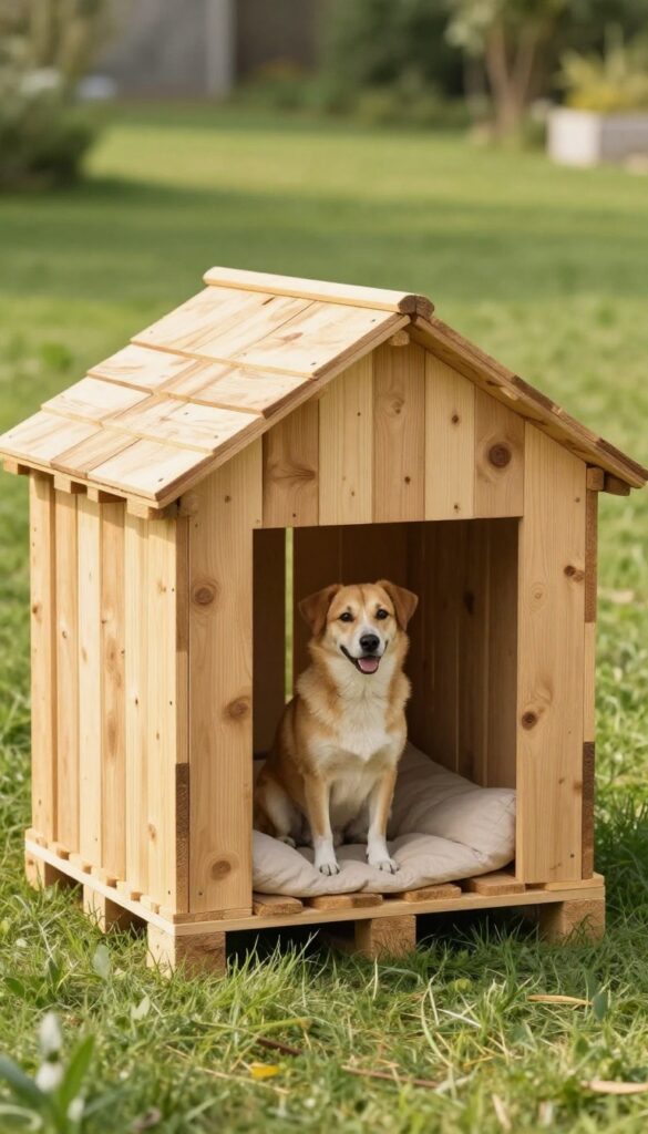 DIY pallet dog house in backyard with dog sitting beside it