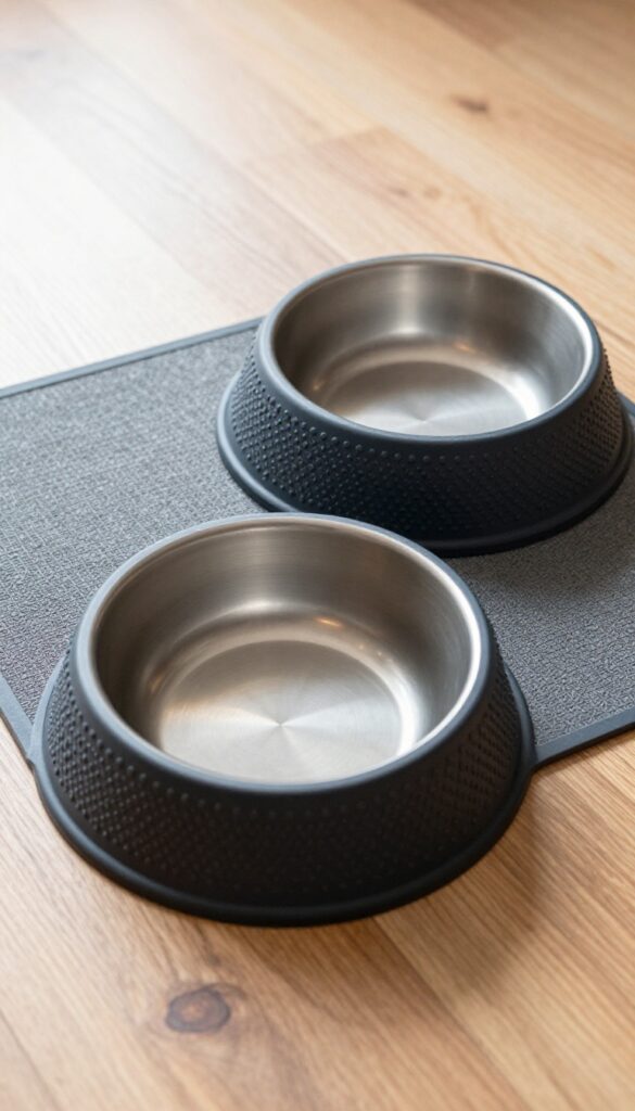 A non-slip mat under dog bowls on a hardwood floor, preventing messy spills and keeping feeding time neat.