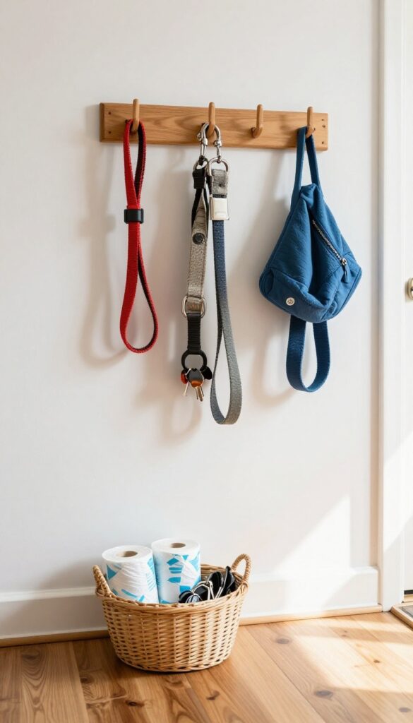 Entryway leash and gear hook station with organized leashes, collars, and poop bag basket