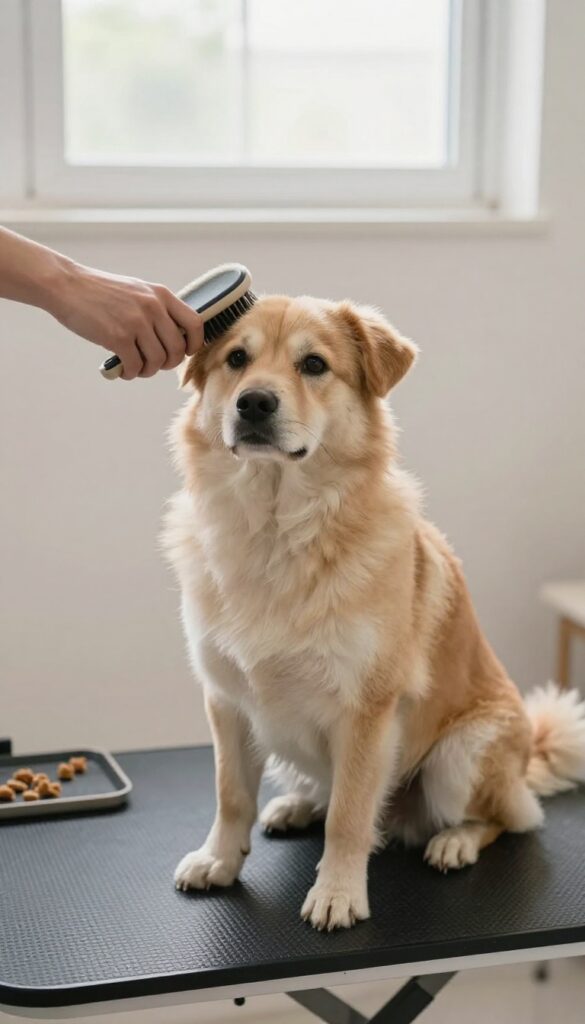 A dog undergoing a brief grooming session at home, showing gentle brushing in a well-lit, quiet environment to reduce stress.