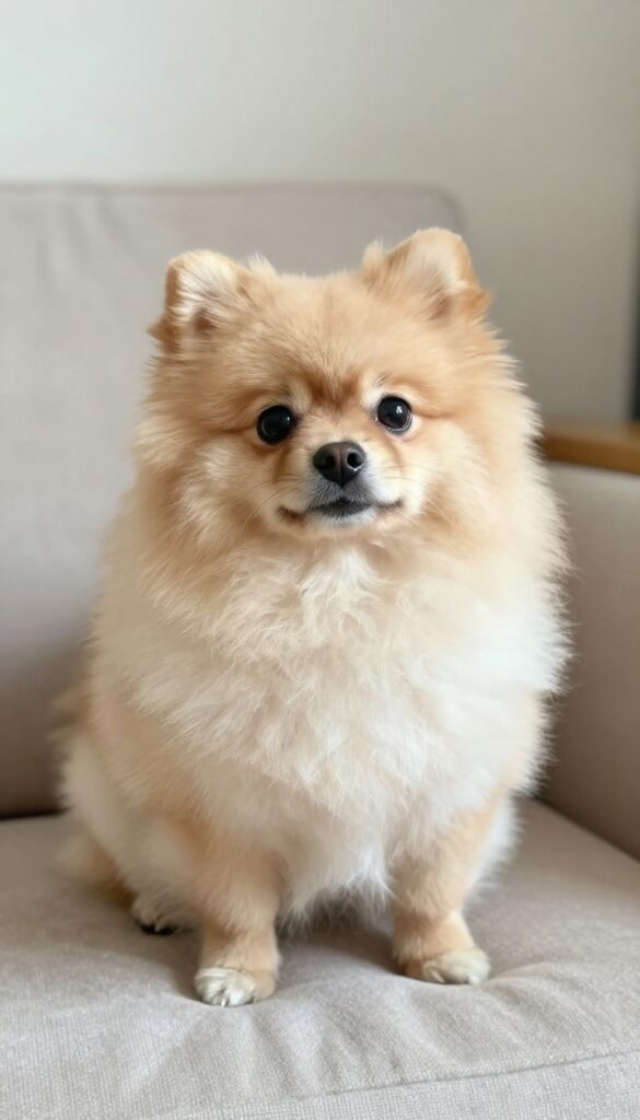 A small fluffy dog with a teddy bear trim grooming style, showcasing rounded fur and a cuddly appearance in bright natural light.