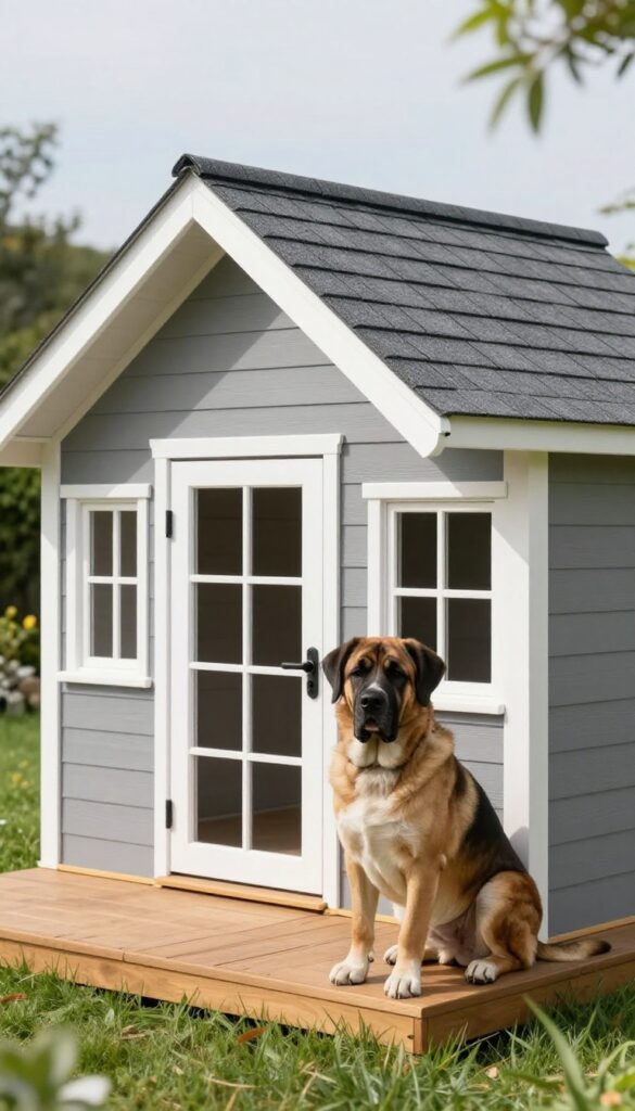 Luxury dog house with real shingles and windows in a backyard