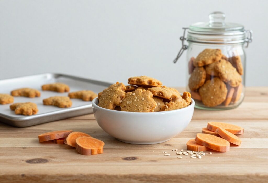 Homemade sweet potato and oat dog biscuits for puppies, arranged on a rustic table with natural ingredients, showcasing a simple, clean setup for a dog treat recipe blog.